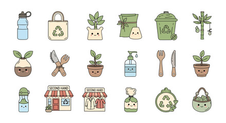 Vector icons Set of  Cute Cartoon Recycling Icons for Sustainable Living. Vector Illustrations