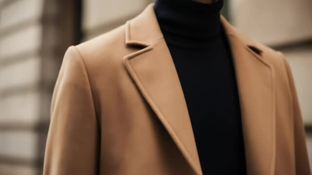 Confident man in camel coat walking along urban street