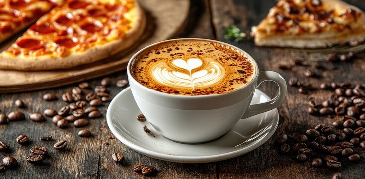 A cup of latte art coffee alongside a pizza slice - Powered by Adobe