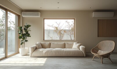 A minimalist living room with a large window showcasing autumnal trees, a beige sofa, and a woven chair. Sunlight streams in, illuminating the neutral tones and the room's calm ambiance