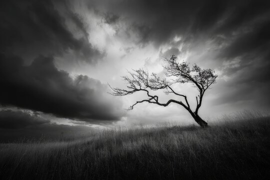 Lonely tree against stormy sky - Powered by Adobe