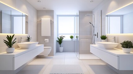 Bright Minimalist Bathroom Design: Modern Vanity, Shower, Mirrors, and Plants Create a Spa-Like Ambiance