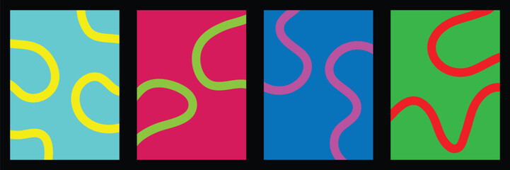 Abstract wavy line playful minimalistic background. Set of colorful background with wavy line in flat style. Organic curvy stripe poster collection. Abstract stylish 70s curvy line retro poster design