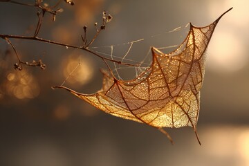 Golden leaf, delicate veins, morning dew