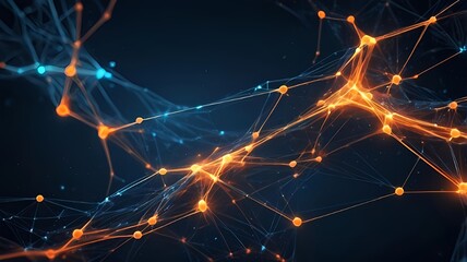 Abstract tech network data connections with orange, blue glowing dots, Digital transformation strategies, 