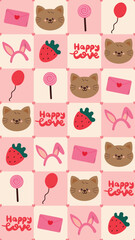 seamless pattern cute cartoon cat with cute valentine stuffs in pink patchwork style. cute drawing for phone wallpaper and background