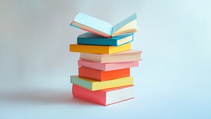 A stack of colorful books, one open, rests on a light background