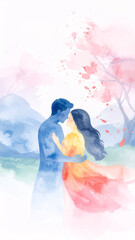 Serene Watercolor Painting of Embracing Couple