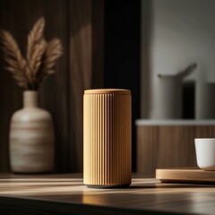 Beige Cylindrical Wooden Decorative Accent Piece