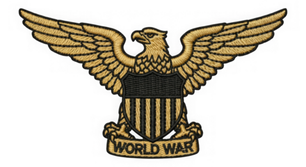 Detailed embroidery design of a golden eagle with a shield and the text 'World War'