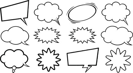 Retro empty comic speech bubbles set with black halftone shadows. Vintage design, pop art style - with comic book-style halftone shadows and bold black outlines. stock vector  illustration.