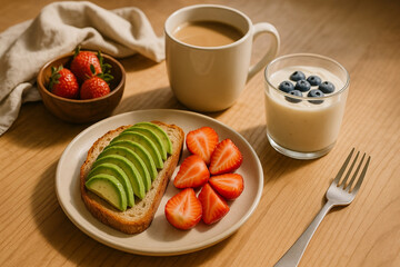 Healthy breakfast scene with avocado toast, fresh strawberries, coffee and yogurt in warm morning light, minimal styling.