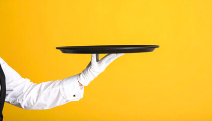 Waiter in White Glove Holding Black Tray