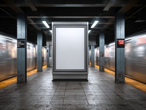 Stunning photo of empty advertisement display in NYC subway station. Fast moving train visible in background. Modern marketing media template. Mock up poster. Vertical design. - Powered by Adobe