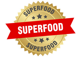 superfood. superfood round red and gold label isolated on transparent background