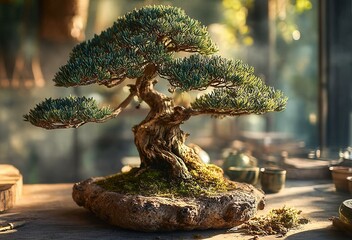 Fototapeta premium A large bonsai tree sits on a rock, surrounded by small cups and bowls. Concept of tranquility and harmony, as the tree is a symbol of nature and the cups and bowls represent human interaction