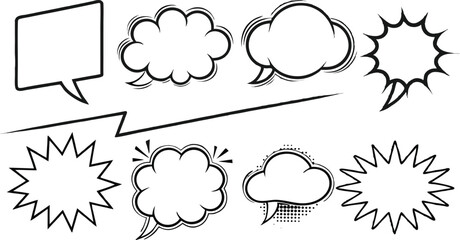 Obraz premium Retro empty comic speech bubbles set with black halftone shadows. Vintage design, pop art style - with comic book-style halftone shadows and bold black outlines. stock vector illustration.