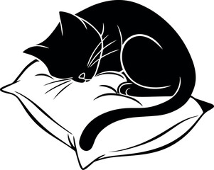  black cat sleeping curled up on a soft pillow in minimalist representing rest, comfort, relaxation, and cozy indoor domestic animal behavior illustration