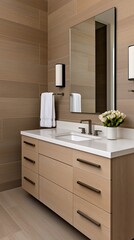 Modern Bathroom Interior with Wooden Vanity, Mirror, Lighting, and Flowers for Design Inspiration and Remodeling Ideas.