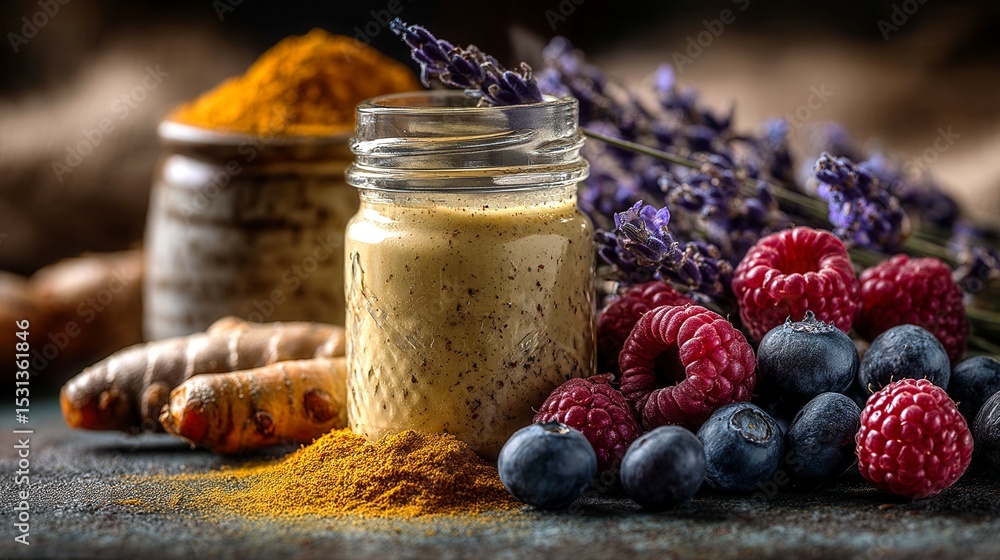 Poster a jar of raspberry jam sits on a table with other food items. the table is covered with a variety of