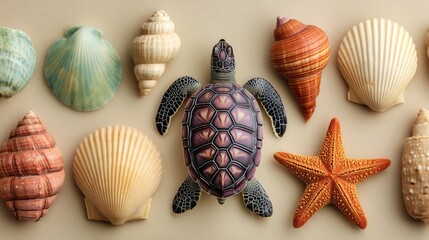 A turtle is surrounded by a variety of shells, including starfish and sea urchins. Concept of wonder and curiosity about the natural world