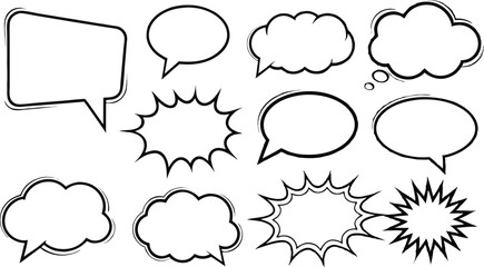 Retro empty comic speech bubbles set with black halftone shadows. Vintage design, pop art style - with comic book-style halftone shadows and bold black outlines. stock vector  illustration.