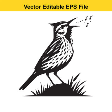 A black and white vector illustration of a skylark singing amongst the grass
