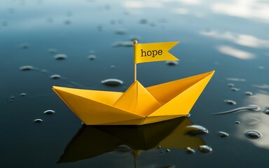 A vibrant yellow origami paper boat floats serenely on dark blue water its tiny mast proudly displaying a small yellow flag inscribed with the word hope the surface of the water is subtly