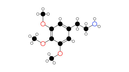 mescaline molecule, structural chemical formula, ball-and-stick model, isolated image psychedelic alkaloid