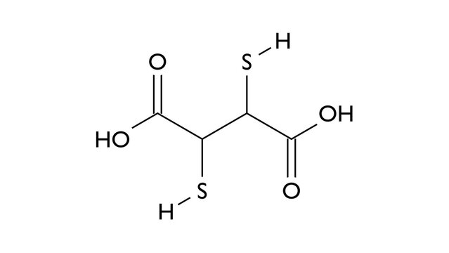 succimer molecule, structural chemical formula, ball-and-stick model, isolated image heavy metal chelator