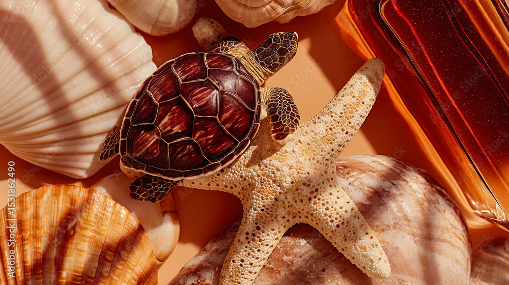 Poster a turtle and a starfish are on a table with shells. the turtle is on the left and the starfish is on
