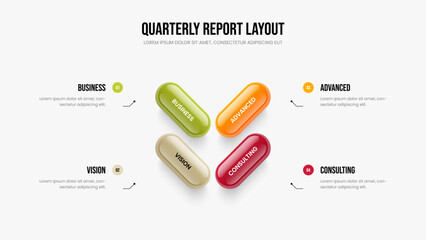 Enterprise Profile Slideshow Template Vector Illustration. Advertising Proposal Four Option Diagram Frame Layout. Product Overview 4 Step Infographic Presentation Design.