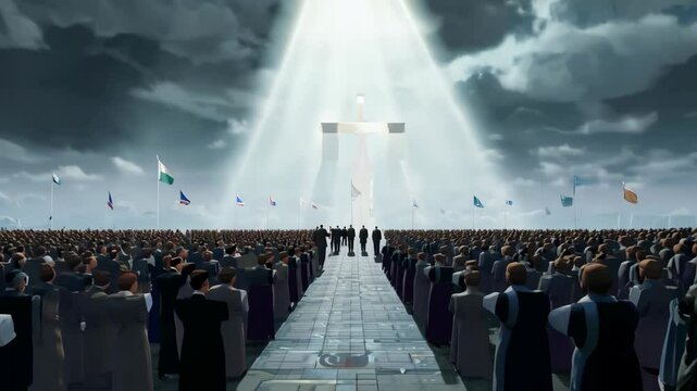 Majestic gathering under dramatic skies with worldwide flag display and radiant cross