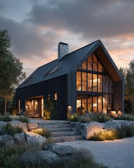 Modern Dark Wood Barn House with Illuminated Windows at Dusk