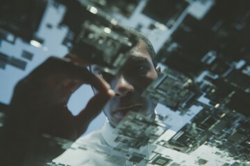 Portrait of an engineer adjusting artificial intelligence components with precision in a modern laboratory setting during late afternoon hours