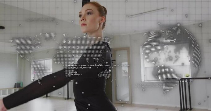 Dancer initiating spin showcasing technology integration with animated world map and code overlay