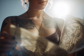 Modern witch exploring astrology and ancient maps in a sunlit outdoor setting