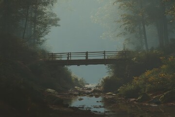 Old wooden bridge crossing a calm stream surrounded by lush greenery in the early morning mist