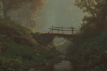 Quiet wooden bridge elegantly spans a serene stream amidst lush greenery and soft morning light in a tranquil forest setting
