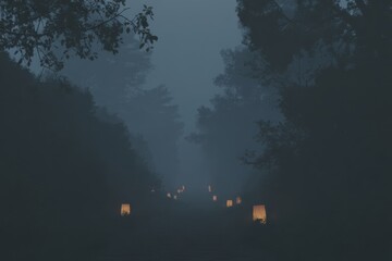 Forest path illuminated by lanterns creates a mystical atmosphere in the evening mist surrounded by tall trees and soft shadows