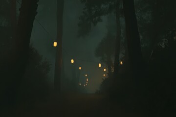 Enchanted forest path illuminated by glowing lanterns, inviting exploration through misty trees at twilight