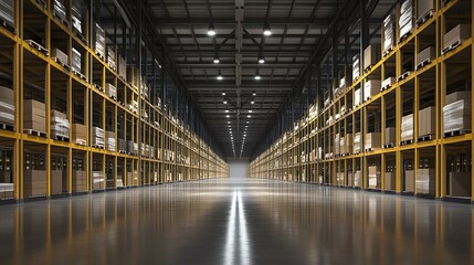 Warehouse Logistics: An expansive warehouse interior, filled with towering racks laden with goods, emphasizes efficient logistics and supply chain management.