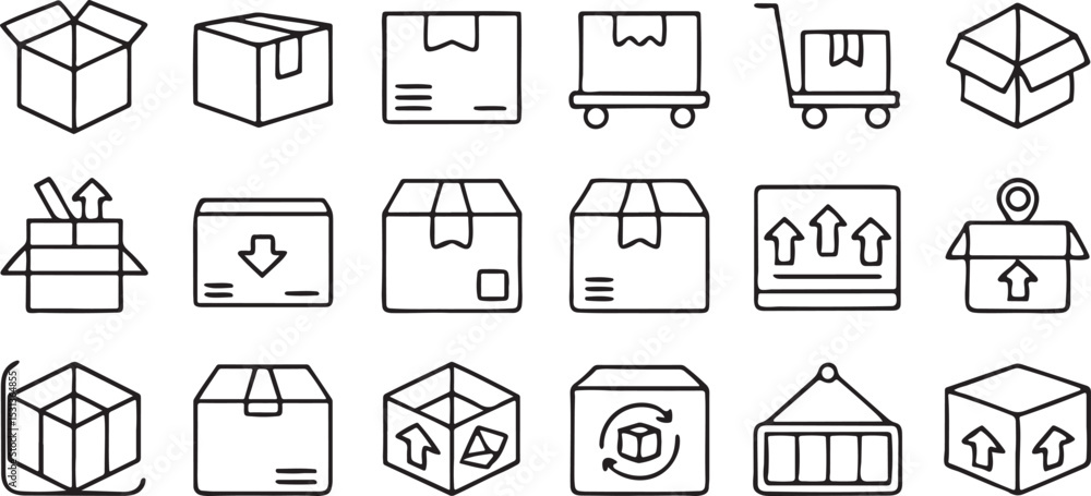 Poster box packaging icons set solid cardboard open container editable vector collection