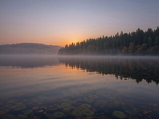 Fototapeta premium Serene Lake Reflecting Warm Sunrise Colors in Morning Mist