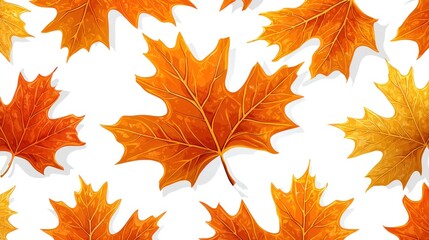 Fototapeta premium A seamless pattern of vibrant orange and yellow maple leaves scattered against a stark white background, each leaf cast with a subtle shadow
