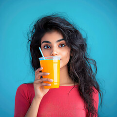 young indian woman drinking mango juice