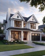 Modern Farmhouse Exterior White and Black Two Story Home at Dusk