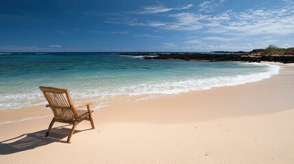 A serene beach scene featuring a lone wooden chair on a tranquil, sandy shore, gentle waves lapping at the sand under a clear blue sky