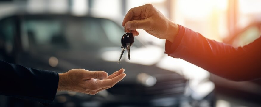 The moment of handing over car keys in a dealership transaction