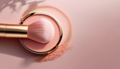pink translucent face powder with rose gold brush on pastel surface
